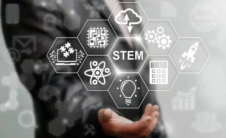 Man offer stem word sign on virtual screen.