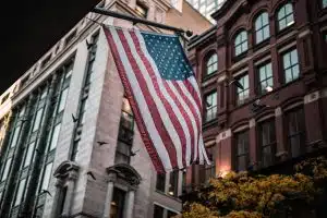 flag of america in front of a building