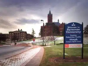 Welcoming sign to the Syracuse University campus