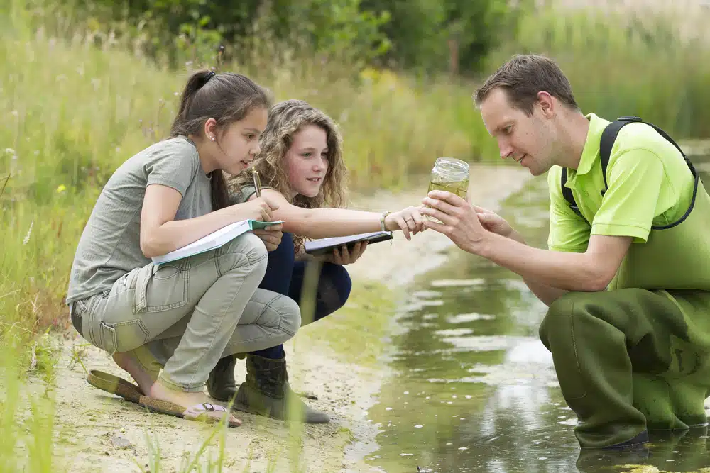Pretty young girls having outdoor science lesson exploring nature