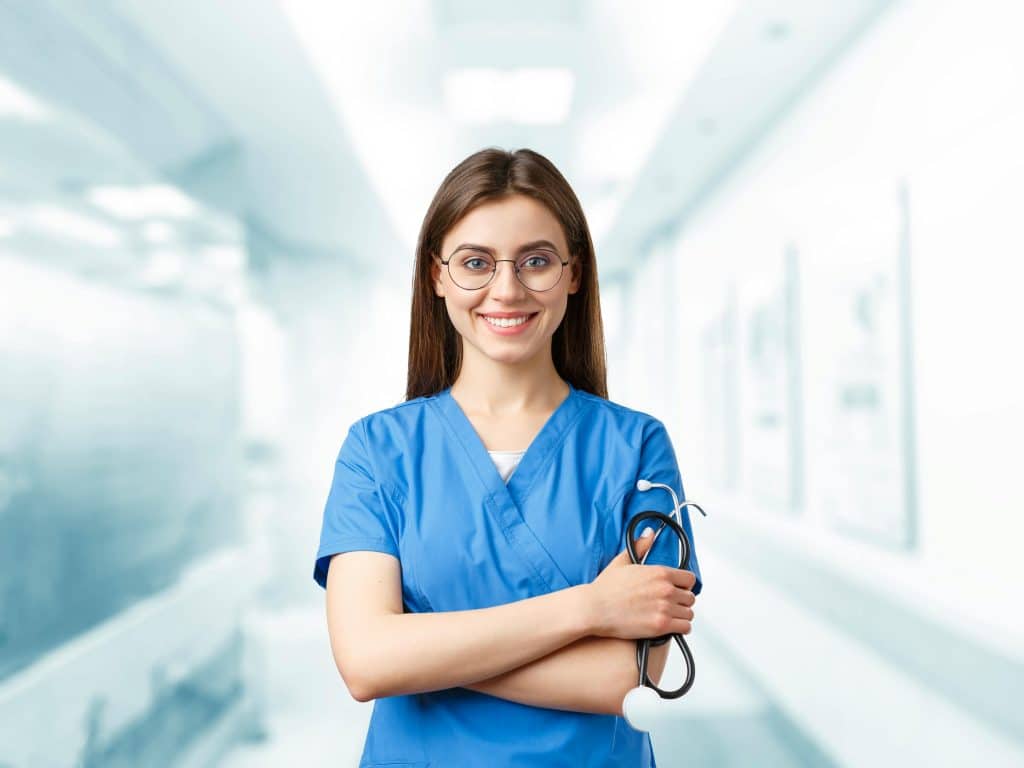 woman in scrub suit smiling joining the hosa