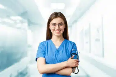 woman in scrub suit smiling joining the hosa