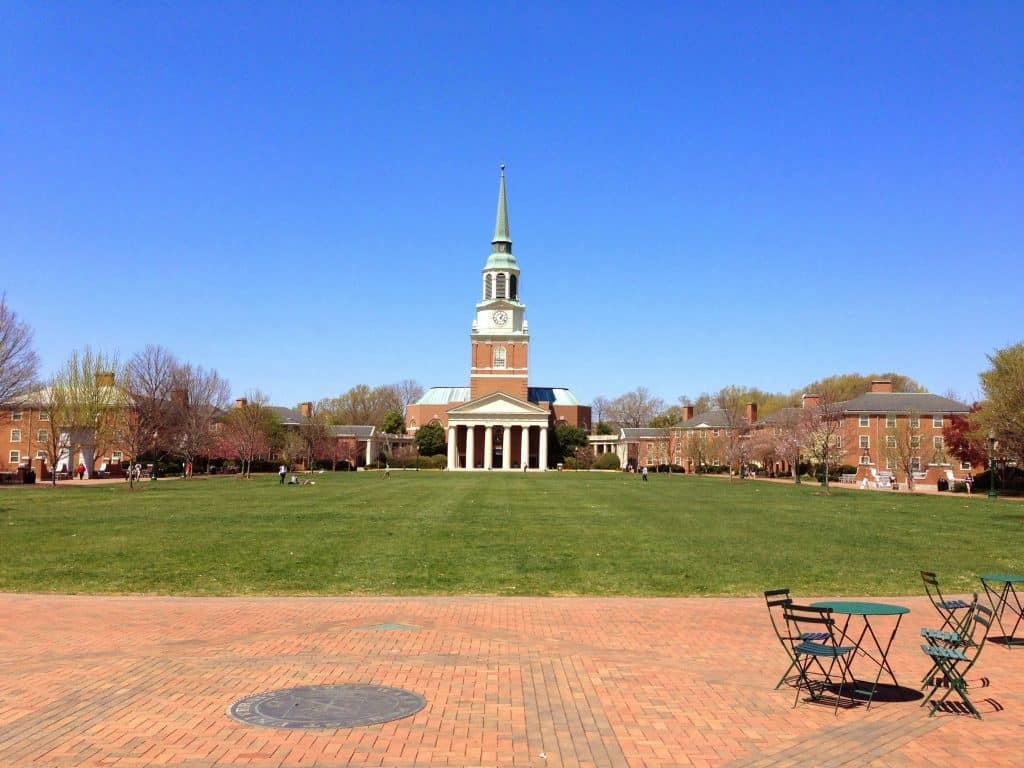 Students walking across the main quad at Wake Forest University, showing where Wake Forest is located in Winston-Salem, North Carolina.