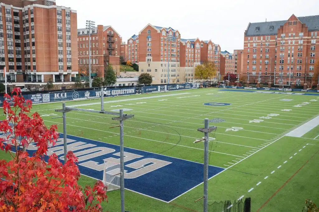 View of Georgetown University’s athletic fields and campus buildings in Washington, D.C., showing where Georgetown University is located in the historic Georgetown neighborhood.