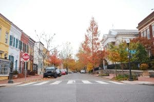 Street view near Georgetown University in Washington, D.C., highlighting where Georgetown University is located within the historic Georgetown neighborhood.