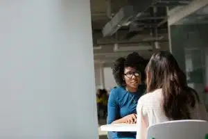 A student answering Stanford questions being asked by an alumna