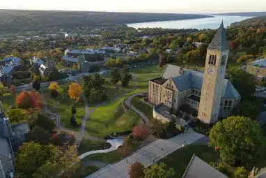 Aerial view of Cornell University campus with McGraw Tower, home to students pursuing the most popular majors at Cornell.