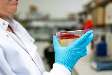 A researcher holds a test tube in a biomedical lab, representing hands-on research opportunities in the NIH SIP.