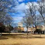 View of a tree-lined green space near the University of Georgia campus, with historic buildings and downtown Athens in the background, illustrating the setting behind discussions of the UGA acceptance rate.