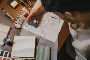 student drawing on a table for the architecture internships for high school students
