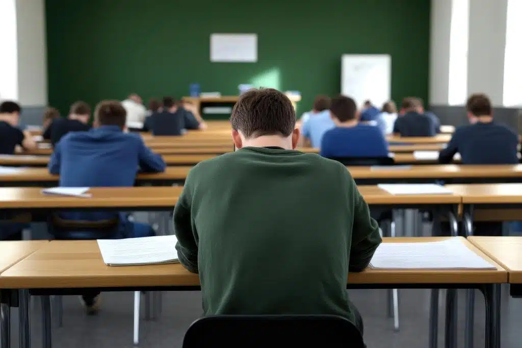 Student seated at a desk taking an exam in a large classroom, with other students working quietly in the background, representing the waiting period and uncertainty around when do ACT scores come out