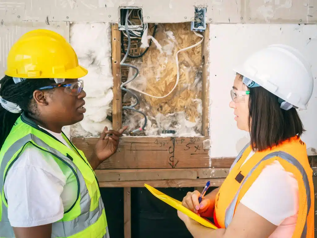 Two engineers in safety gear inspecting electrical wiring inside a wall, representing hands-on training at the best Ivy League for engineering.