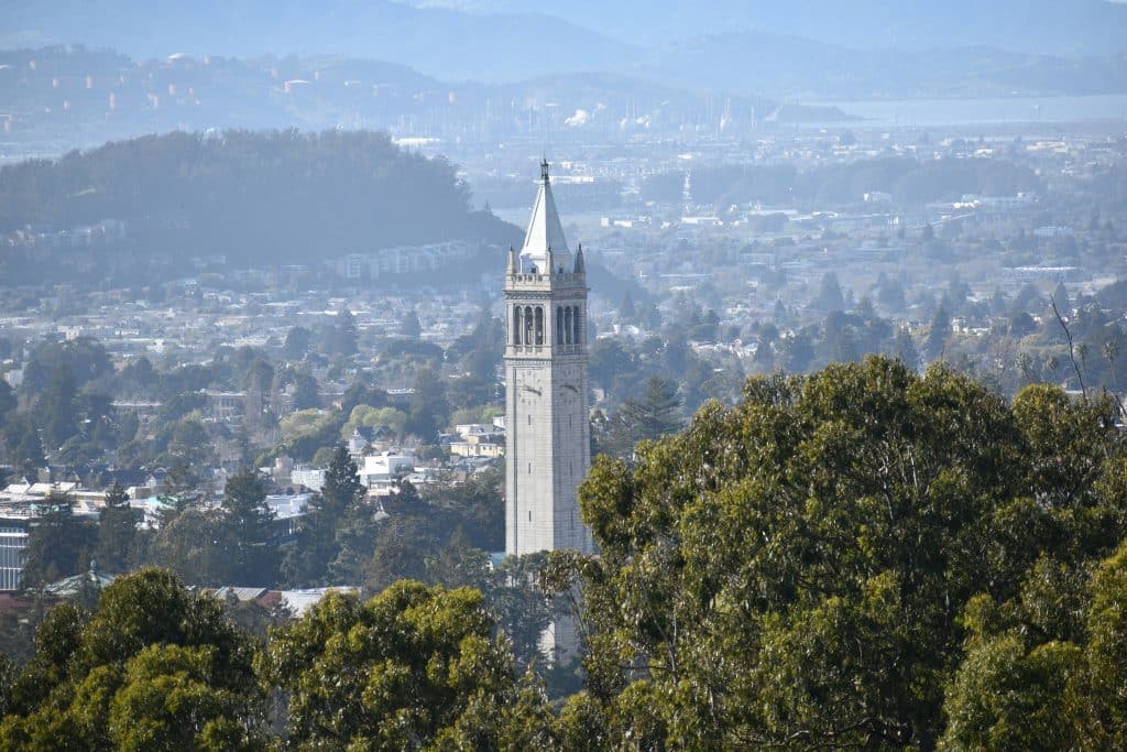 View of the UC Berkeley campus with Sather Tower rising above the city, one of the universities often considered among the Public Ivies.