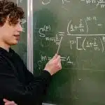Curly-haired student pointing at complex math equations on a chalkboard at one of the best colleges for math