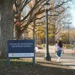 Student walking near the School of Engineering and Applied Science at the University of Virginia, showing where UVA is located in Charlottesville, Virginia.