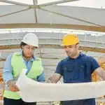 Engineering students reviewing a construction blueprint at a job site, illustrating the technical problem-solving and workload associated with the hardest engineering majors.